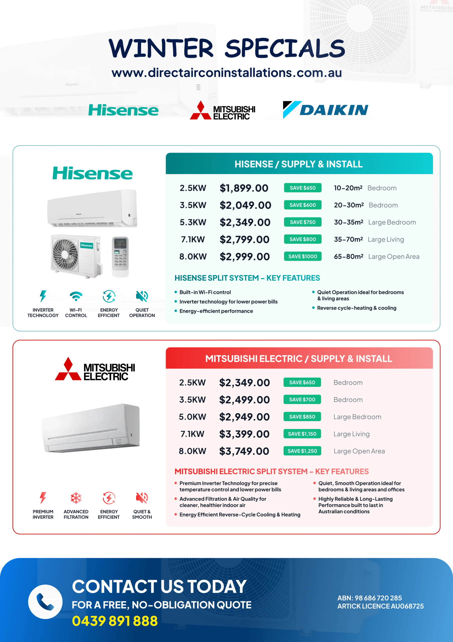 Hisense air conditioner winter specials and pricing